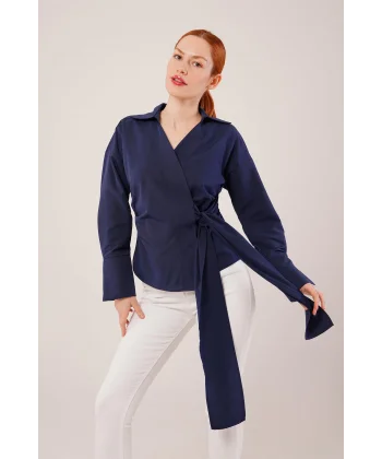 Kruvaze Yaka Yandan Bağlama Detaylı acivert Gömlek