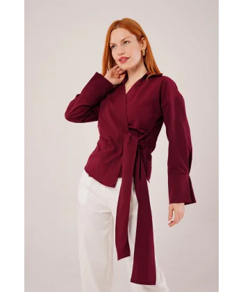 Kruvaze Yaka Yandan Bağlama Detaylı Bordo Gömlek