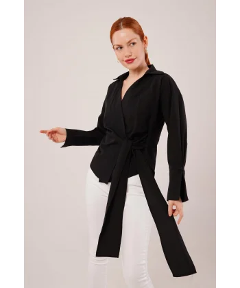 Kruvaze Yaka Yandan Bağlama Detaylı iyah Gömlek