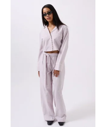 Kuşak Detay Çizgili Pantolon