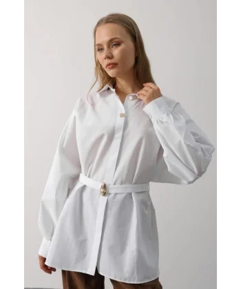 Kuşak Detaylı Tunik Gömlek - Beyaz