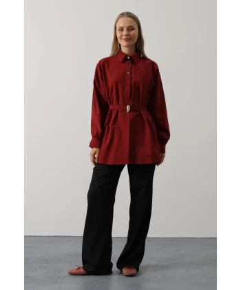 Kuşak Detaylı Tunik Gömlek - Bordo