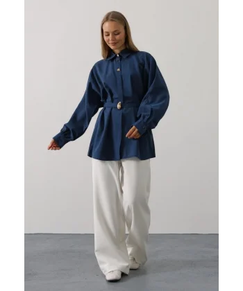 Kuşak Detaylı Tunik Gömlek - İndigo