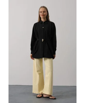 Kuşak Detaylı Tunik Gömlek - Siyah