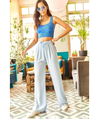 Kuşaklı Açık Mavi Dokuma Viscon Palazzo Pantolon