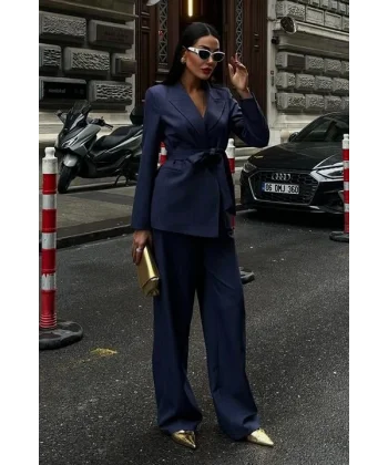 Kuşaklı Ceket Ve Kemer Detaylı Pantolon Takım 10022