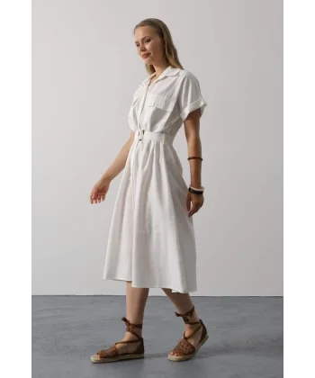 Kuşaklı Cep Detaylı Yarım Kol Elbise - Beyaz