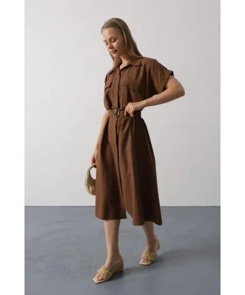 Kuşaklı Cep Detaylı Yarım Kol Elbise - Kahve