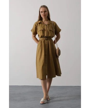 Kuşaklı Cep Detaylı Yarım Kol Elbise - Yağ Yeşili