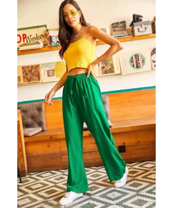 Kuşaklı Yeşil Dokuma Viscon Palazzo Pantolon