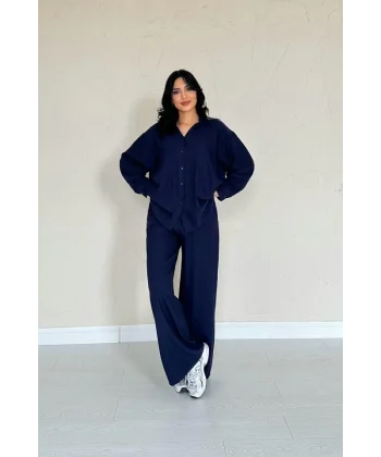 Lacivert Alice Gömlek Ve Bol Kesim Pantolon Takım