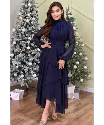 Lacivert Bel Detaylı Elbise