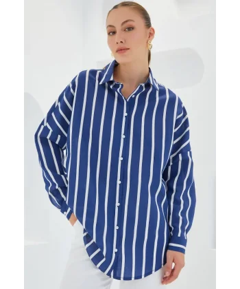 Lacivert Beyaz Çizgili Oversize Basic Gömlek 20254