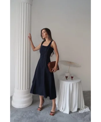 Lacivert Çift Dikişli Gabardin Elbise