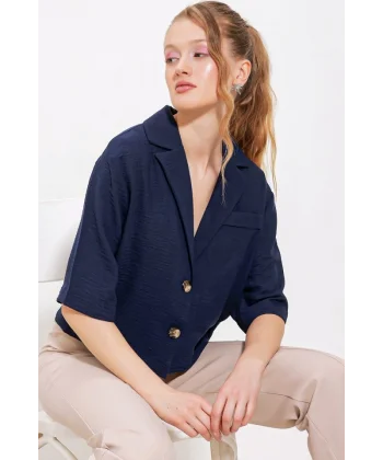 Lacivert Çift Düğmeli Oversize Crop Keten Ceket 0706