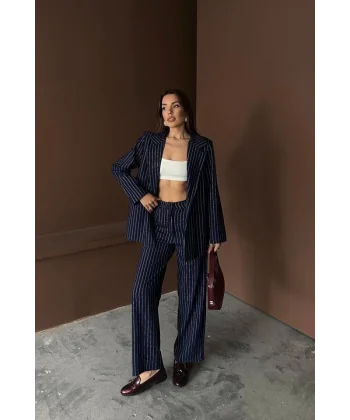 Lacivert Çizgili Ceket Ve Pantolon Takım
