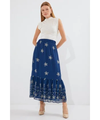 Lacivert Desenli Şifon Etek 8010