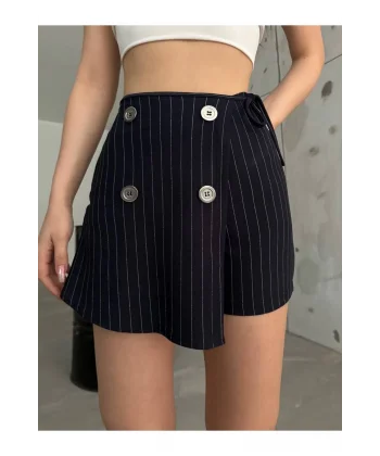 Lacivert Düğme Detaylı İtalyan Çizgili Şort Etek