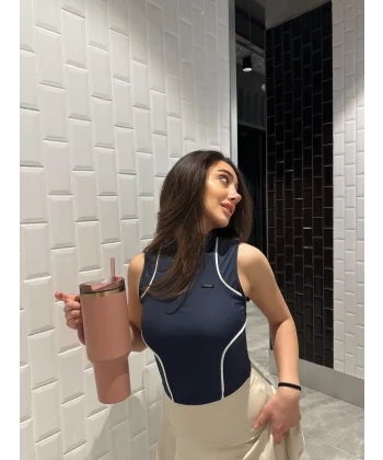 Lacivert Fermuarlı Bilyeli Bluz