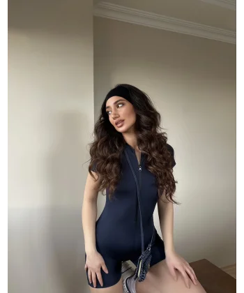 Lacivert Fermuarlı Şort Tulum