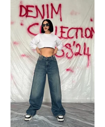 Lacivert Geniş Paça Jeans Pantolon