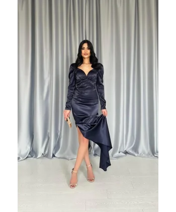 Lacivert Göğsü Kuplu Yırtmaçlı Elbise