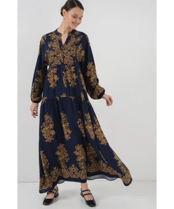 Lacivert Gold Desenli Tesettür Elbise 23