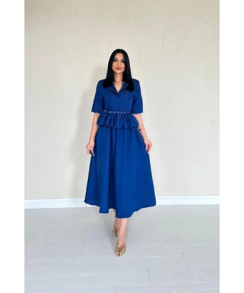 Lacivert İnce Kemerli Fırfırlı Ceket Ve Büzgülü Etek Takım