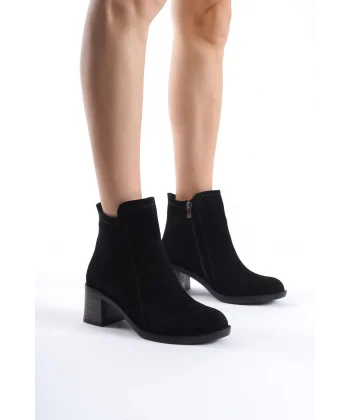 LARISSA Fermuarlı Ortopedik Taban Topuklu Süet Kadın Bot  SST - Siyah