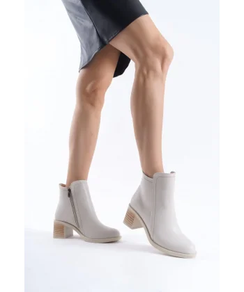 LARISSA Fermuarlı Ortopedik Taban Topuklu Kadın Bot  CKT - Krem