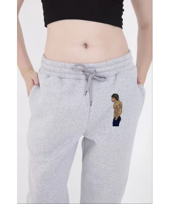 Lastikli Üç İplik Baskılı Eşofman Pantolon - Gri