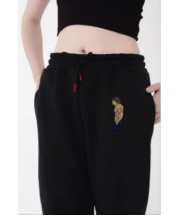 Lastikli Üç İplik Baskılı Eşofman Pantolon - Siyah