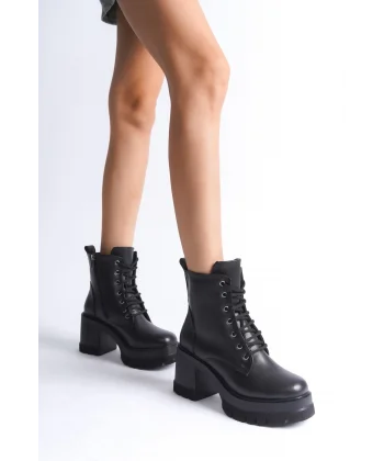 LAUREN Bağcıklı Fermuarlı Ortopedik Taban Topuklu Kadın Bot CST - Siyah