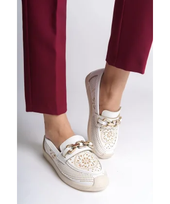 LAYLA Bağcıksız Ortopedik Rahat Taban Çiçek Desenli Kadın Babet Ayakkabı  CKT - Beyaz