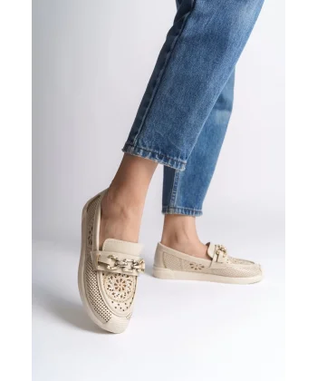 LAYLA Bağcıksız Ortopedik Rahat Taban Çiçek Desenli Kadın Babet Ayakkabı CKT - Krem