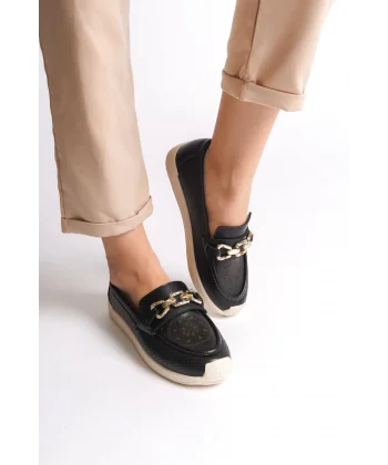 LAYLA Bağcıksız Ortopedik Rahat Taban Çiçek Desenli Kadın Babet Ayakkabı  CKT - Siyah