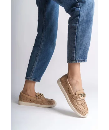 LAYLA Bağcıksız Ortopedik Rahat Taban Çiçek Desenli Kadın Babet Ayakkabı  CKT - Ten