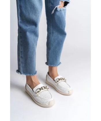 LAYLA Bağcıksız Ortopedik Rahat Taban Kalp Desenli Kadın Babet Ayakkabı  CKT - Beyaz