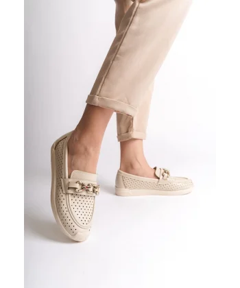 LAYLA Bağcıksız Ortopedik Rahat Taban Kalp Desenli Kadın Babet Ayakkabı CKT - Krem