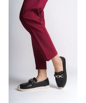 LAYLA Bağcıksız Ortopedik Rahat Taban Kalp Desenli Kadın Babet Ayakkabı CKT - Siyah