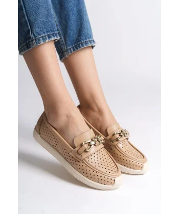 LAYLA Bağcıksız Ortopedik Rahat Taban Kalp Desenli Kadın Babet Ayakkabı CKT - Ten