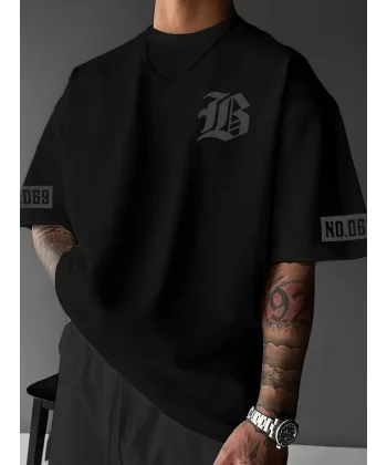 LB Ön Arka Baskılı Oversize Bisiklet Yaka Yazlık T-shirt - Siyah