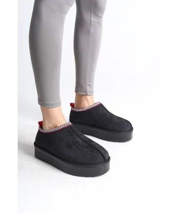 LEILA Bağcıksız Düz ve Kalın Taban İçi Kürklü Kısa Süet Kadın Bot  SST - Siyah