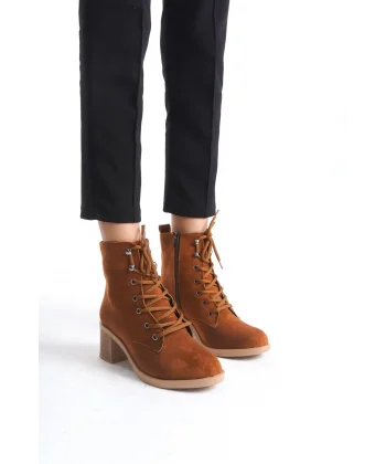 LENA Bağcıklı Fermuarlı Ortopedik Taban Topuklu Süet Kadın Bot STT - Taba