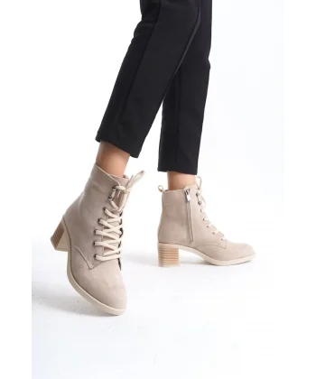 LENA Bağcıklı Fermuarlı Ortopedik Taban Topuklu Süet Kadın Bot  STT - Ten