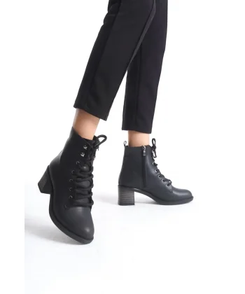 LENA Bağcıklı Fermuarlı Ortopedik Taban Topuklu Kadın Bot  CST - Siyah