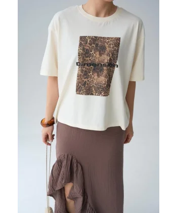 Leopar Baskı T-Shirt - Ekru
