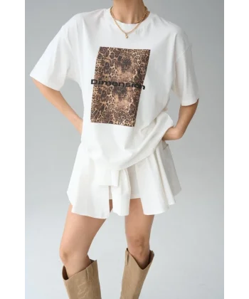 Leopar Baskı T-Shirt - Krem