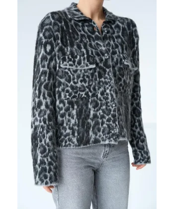Leopar Desen Jakarlı Hırka  SiyahAçık Gri