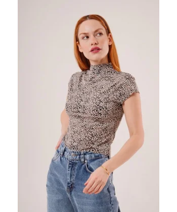 Leopar Desen Kısa Kollu Basic T-Shirt